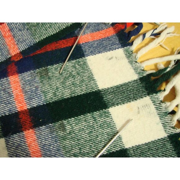 Plaid Wool Blend Blanket Throw Fringe 58x52" Vintage Bright Green Red Blue Warm - Picture 6 of 9